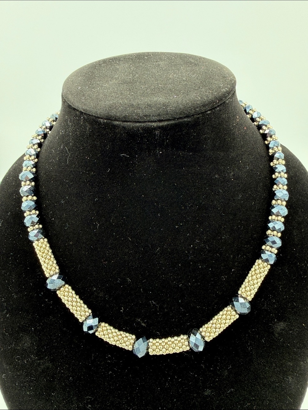 Handcrafted Gold Beaded Necklace with Blue Crystal Accents